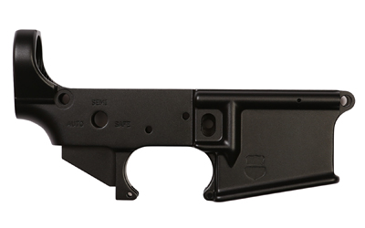 Black firearm lower receiver component.