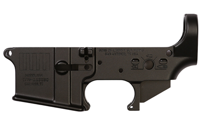 Black firearm lower receiver component.