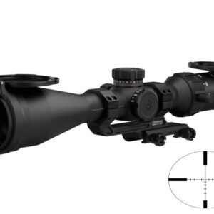 Black rifle scope with reticle illustration.