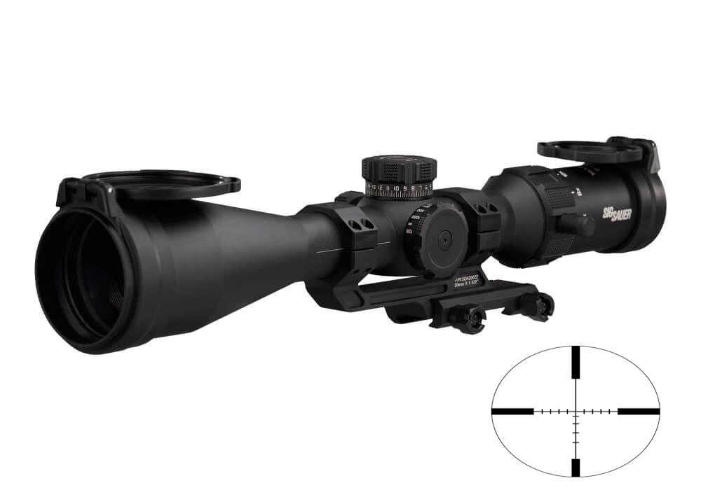 Black rifle scope with reticle illustration.