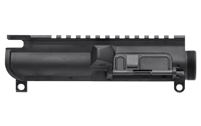 Black firearm upper receiver component.