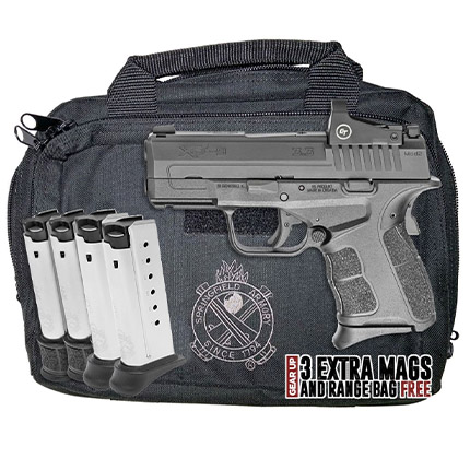Handgun with magazine clips and carrying bag