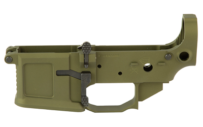 Olive green firearm lower receiver part.