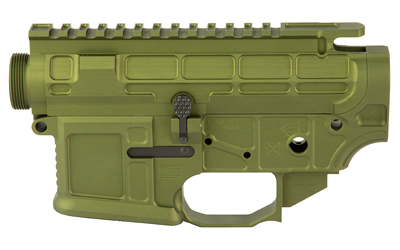Olive green firearm receiver with mounting rail.