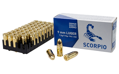 Box and cartridges of 9mm Luger ammunition.