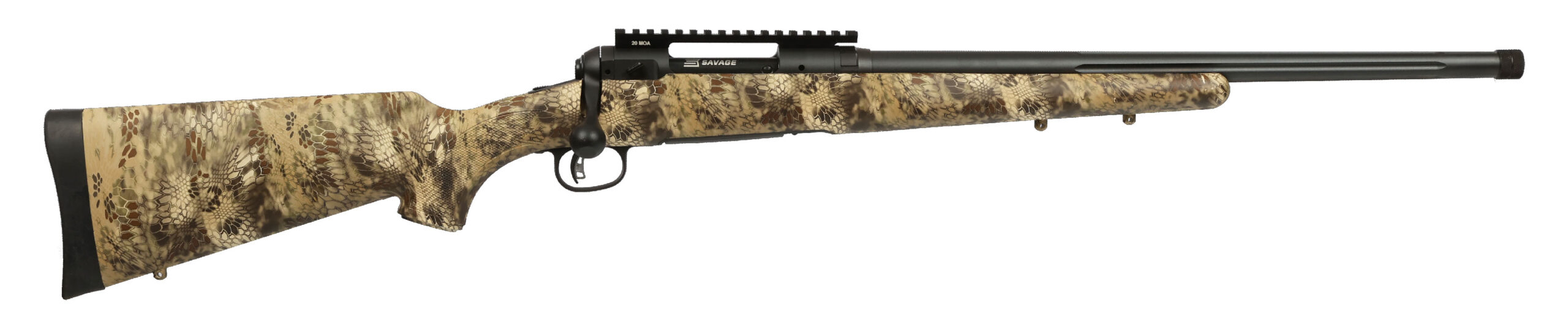 Savage rifle with camouflaged design and scope mount.