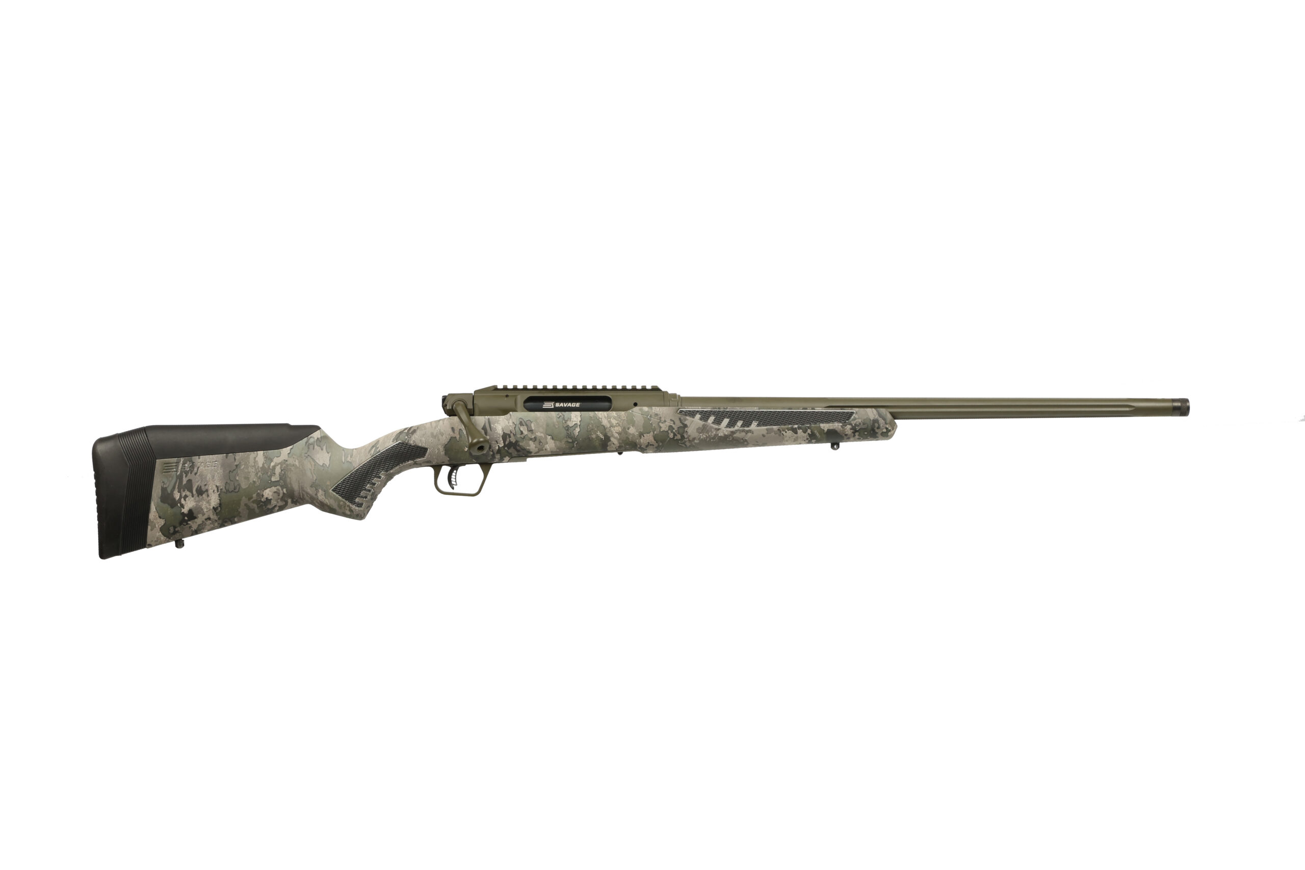 Camo-patterned rifle on a white background