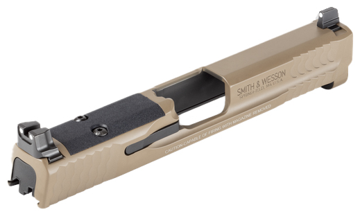 Smith & Wesson firearm slide in tan color.