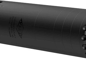 Black firearm suppressor with textured design.