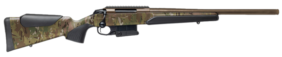 Side view of a camouflage-patterned rifle.