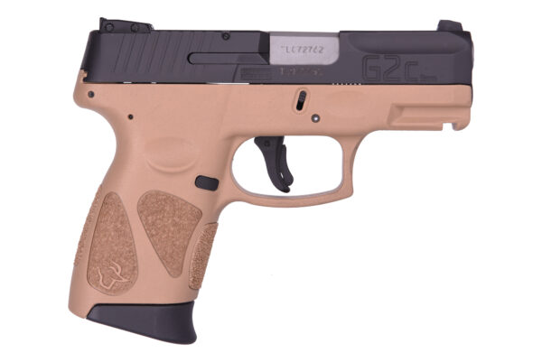 Tan semi-automatic pistol with textured grip.