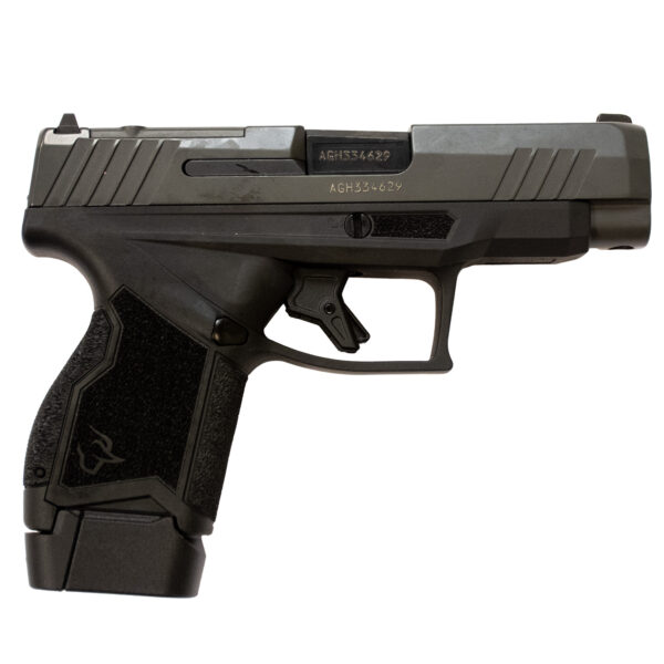 Side view of a modern semi-automatic handgun.