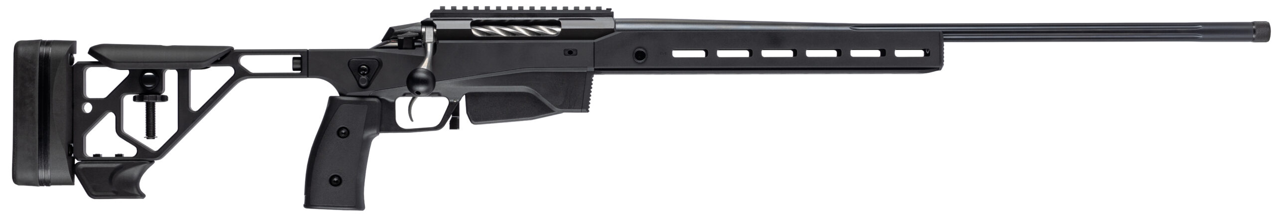 Black precision rifle with adjustable stock and sights.