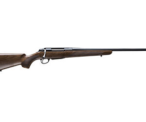 Side view of a wooden stock hunting rifle.