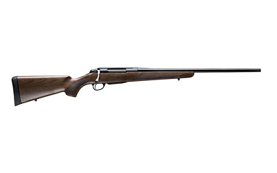 Side view of a wooden stock hunting rifle.