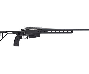 Black sniper rifle with adjustable stock and scope rail.