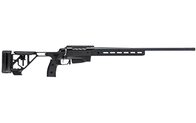 Black precision rifle with adjustable stock.