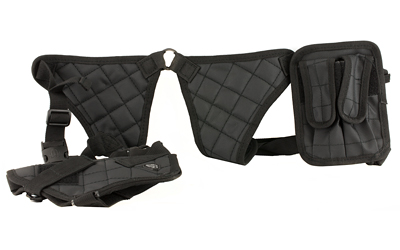 Black padded harness with accessory pouch.
