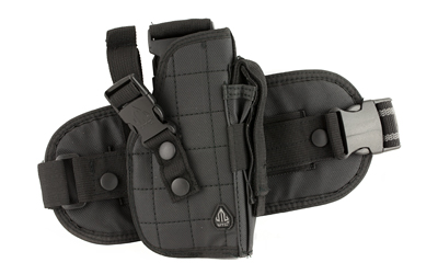 Black tactical holster with adjustable straps.