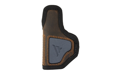 Compact firearm holster in brown and gray design.
