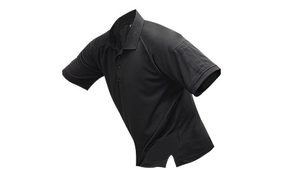 Black short-sleeve polo shirt displayed upright