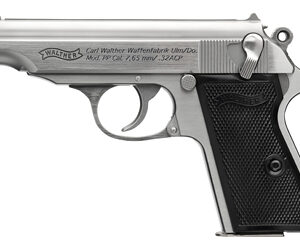 Silver Walther handgun with black grip