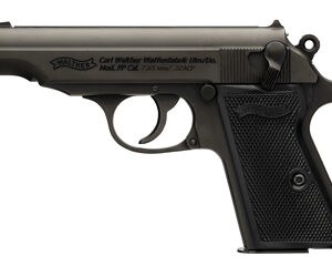 Compact black handgun on white background