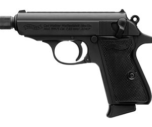Black compact handgun on white background