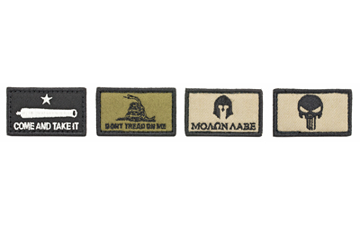 Four military-themed patches with slogans.