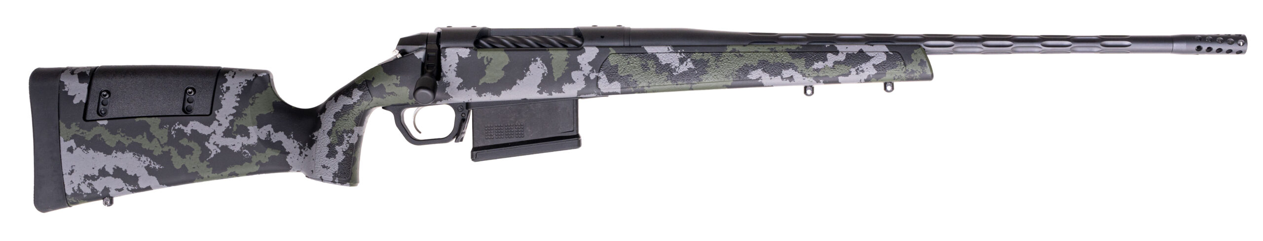 Side view of a camo-patterned rifle.