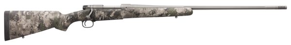 Camouflaged rifle on a white background.