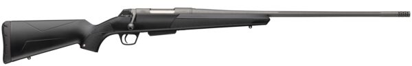 Side view of a sleek black rifle.