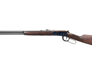 Side view of a wooden rifle with blue accents