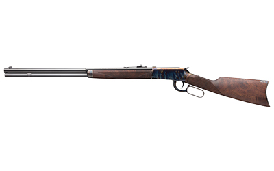 Side view of a wooden rifle with blue accents
