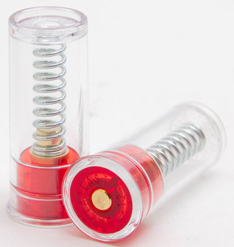 Two transparent tubes with red bases and springs