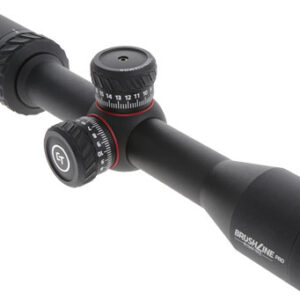 Black rifle scope with adjustment dials.