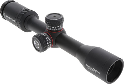 Black rifle scope with adjustment dials.