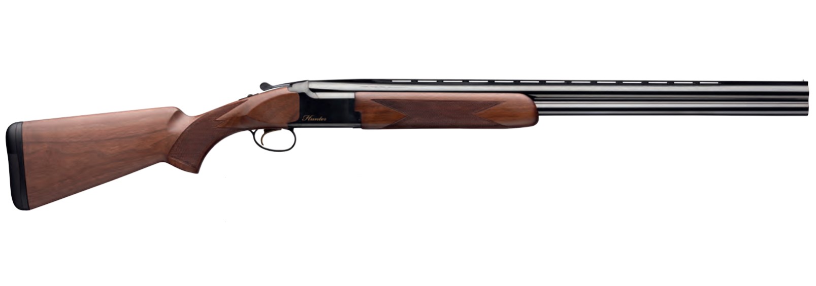 Side view of a double-barrel shotgun.