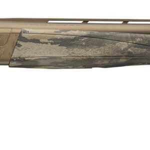 Side view of a camouflaged shotgun.