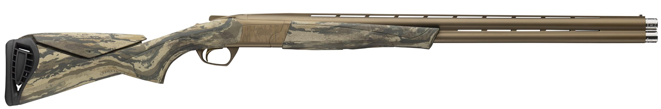 Side view of a camouflaged shotgun.
