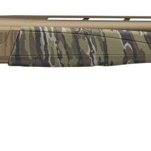 Side view of a camouflaged shotgun.