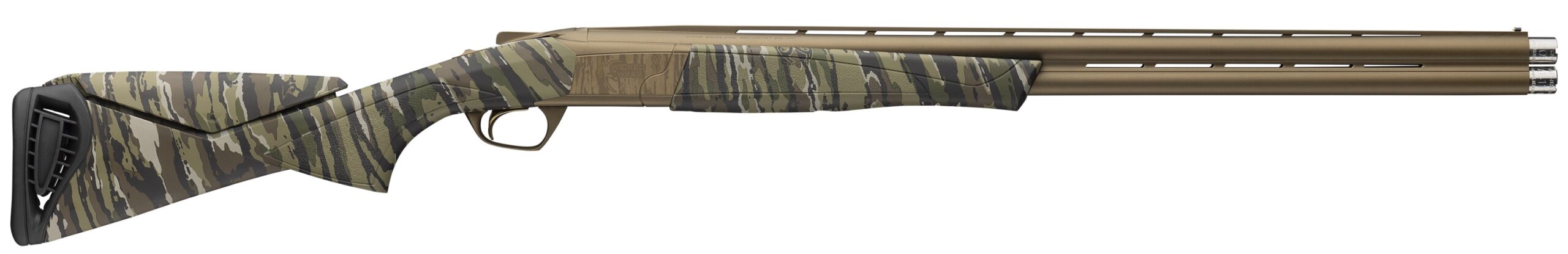 Side view of a camouflaged shotgun.