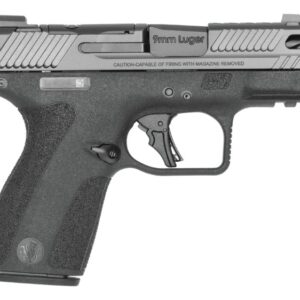 Black 9mm handgun with textured grip.
