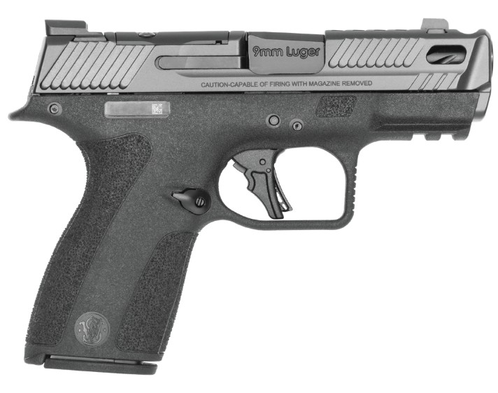 Black 9mm handgun with textured grip.