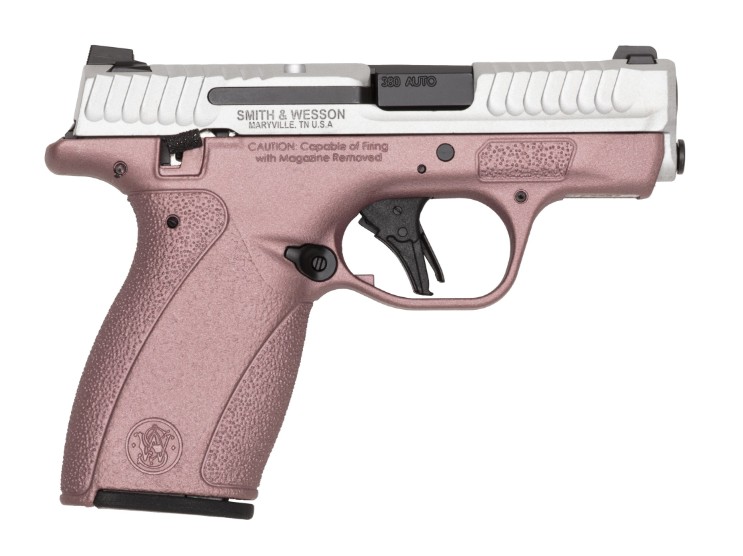Smith & Wesson pink handgun with safety warnings