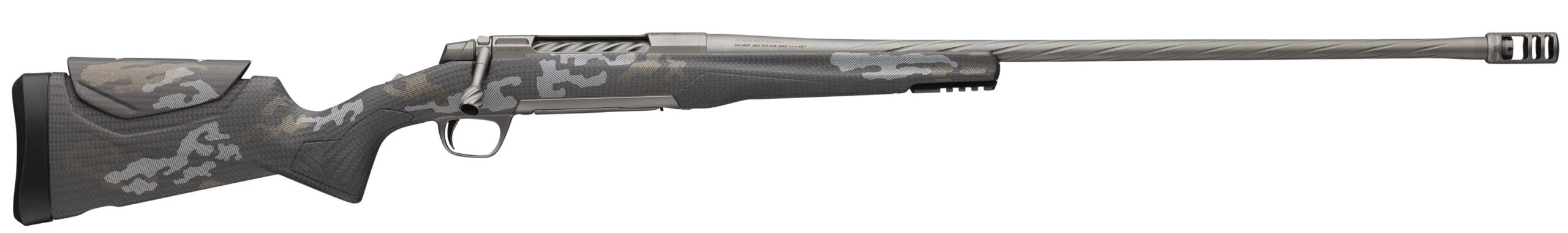 Side view of a modern hunting rifle.