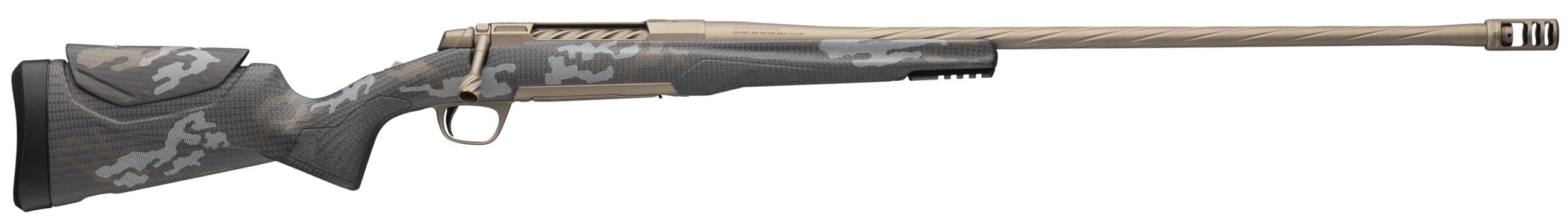 Bolt-action rifle with a gray camo pattern.