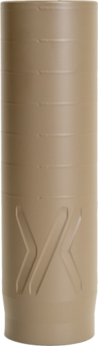 Tan cylindrical container with textured grip design.