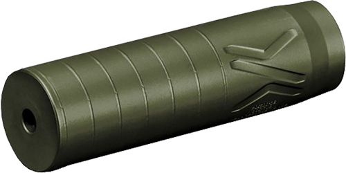 Olive green firearm suppressor with texture design.