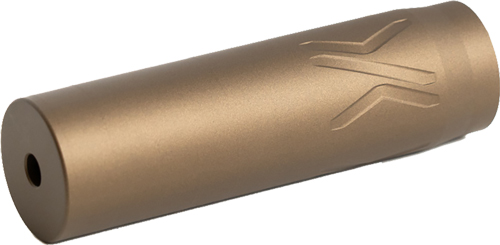 Bronze-colored firearm suppressor for noise reduction.